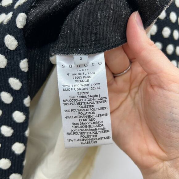 $195 Sandro Paris Designer Neutral Black White Knit Polka Dot Top Blouse Medium - Picture 6 of 8